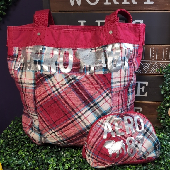 Handbags - Aero 87 Red Plaid Bulldog Tote and Pouch Set